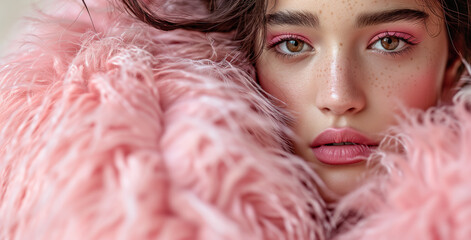 Dreamy close-up of a young woman with freckled skin and penetrating gaze, nestled in a cozy pink fur, her delicate beauty highlighted in soft light.