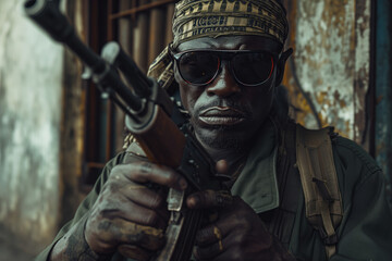 Man with headband and sunglasses holding up a rifle, intense expression. - obrazy, fototapety, plakaty
