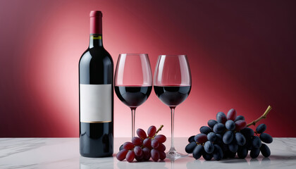 Close up of bottle and glass of red wine on an aesthetic minimal composition red background
