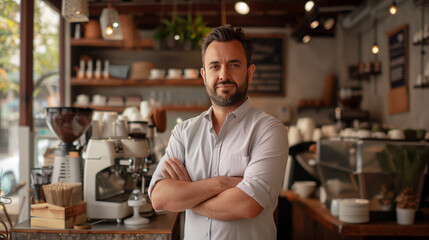 Fototapeta premium Portrait of happy man small business owner of coffee shop standing at entrance wearing apron and shirt