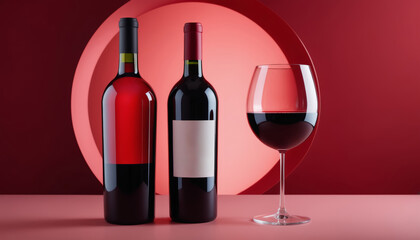 Close up of bottle and glass of red wine on an aesthetic minimal composition red background
