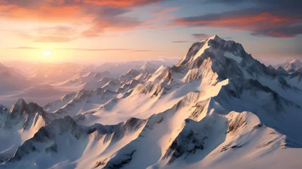 Fototapeten Fantastic panorama of snowy mountains at sunset. 3D illustration © Iman