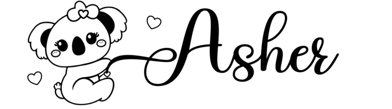 Asher - black color - name written - Word with Koala kawaii for websites, baby shower, greetings, banners, cards,, t-shirt, sweatshirt, prints, cricut, silhouette, sublimation	
