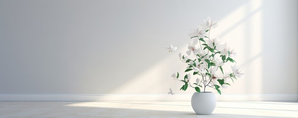 A single white flowerpot bursting with life sits in a pristinely white room, providing a spark of beauty and life amidst the stark stillness of the walls and