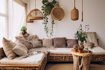 Boho Apartment Oasis: Woven Wall Hangings, Tree Branch Decor & Pendant Lighting