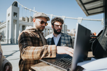 Two young entrepreneurs or colleagues are engaged in a business discussion, strategizing and analyzing outcomes using a laptop in a city downtown area.