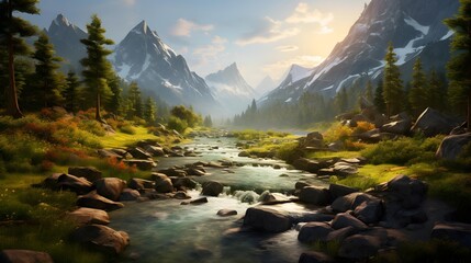 Panoramic view of alpine landscape with river and mountains.