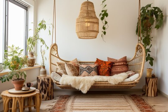 Boho Chic: Woven Wall Hangings, Tree Branch Decor & Pendant Lighting in Modern Apartment