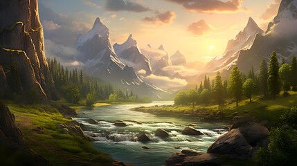 Fantastic mountain landscape with a river. Panoramic view.