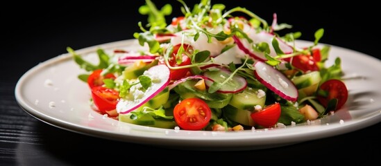 A white plate is filled with a colorful salad topped with fresh vegetables, creating a vibrant and healthy dish. The salad is a perfect combination of freshness, sophistication, and style, ideal for a