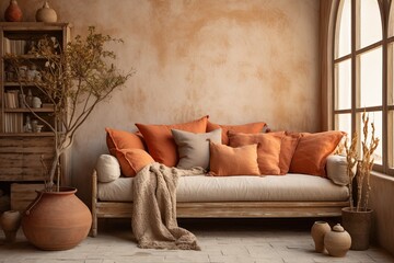Boho Chic Room: Historic Architectural Features, Twig Accents & Terracotta Cushions