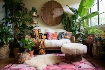 Boho Living Room Paradise: Faux Fur Ambiance with Woven Textiles and Tropical Plant Decor