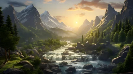 Ingelijste posters Panoramic view of a mountain river flowing through the forest at sunset © Iman