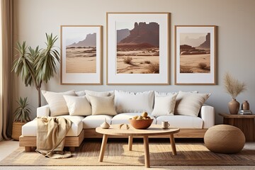Boho Living Room Oasis: Desert Plant and Rug Accents, Art Poster, Contemporary Fixtures