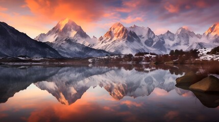 Mountains reflected in the lake at sunset. Panorama with reflection in water.