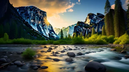 Outdoor kussens Panoramic view of a mountain river at sunset, Yosemite National Park, California © Iman