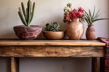 Boho Room Oasis: Cactus and Succulent Displays, Slab Wood Table and Vase Accents