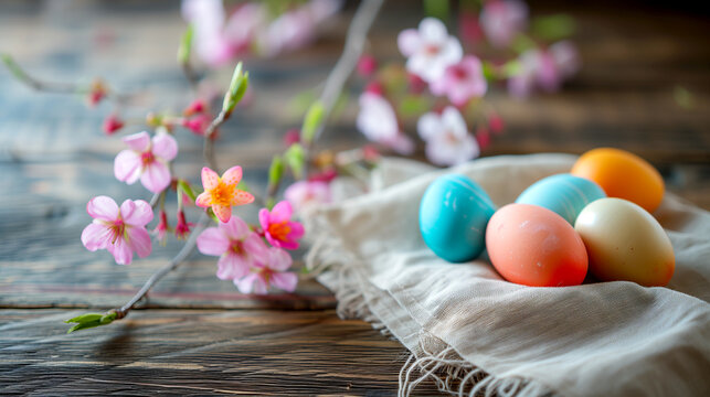 Easter Still Life with Colorful Eggs and Sakura Branches Close-up