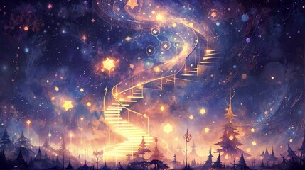 A staircase of light going up into the starry night sky. AI. Abstraction, digital art. for book covers, music album art, or as decorative prints. digital platforms, print media. - obrazy, fototapety, plakaty