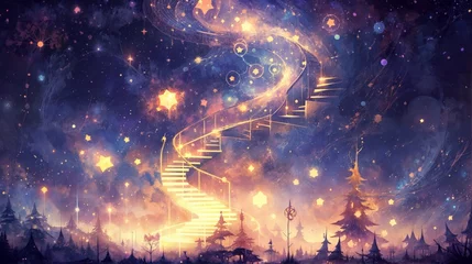 Fotobehang A staircase of light going up into the starry night sky. AI. Abstraction, digital art. for book covers, music album art, or as decorative prints. digital platforms, print media. © Eugen
