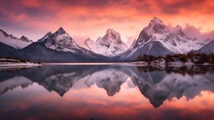 Beautiful panorama of snow-capped mountains reflected in the lake