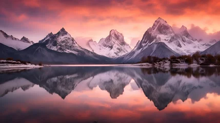 Door stickers Reflection Beautiful panorama of snow-capped mountains reflected in the lake