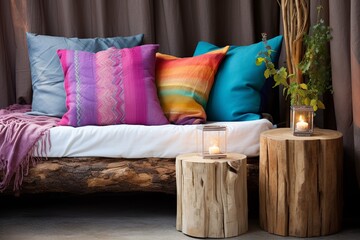 Boho-Chic Space: Tree Stump Nightstands with Colorful Cushions, Throws, and Lanterns