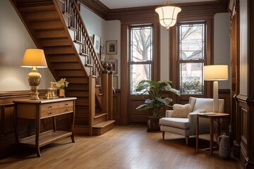 Dutch-inspired Brownstone Entryway: Classic Wooden Floor and Lamp Design