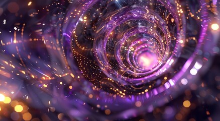 An abstract image of swirls, tunnels, spirals and fractals, with bright light and purple, yellow and lilac colors. Abstract digital art. Fractal and digital concept. digital projections, album artwork