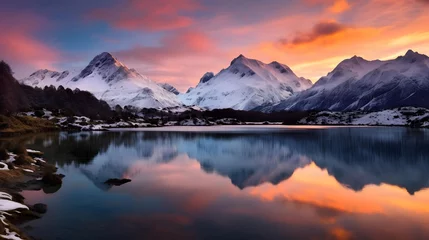 Gardinen Panoramic view of snow capped mountains reflected in lake at sunset © Iman