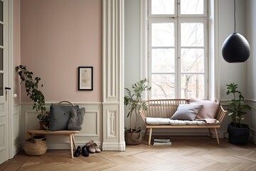 Scandinavian Pastel Shades: Brownstone Entryway Designs with Grid Window