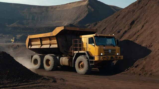 A Heavy mining truck and excavator developing the iron ore on the opencast mining site