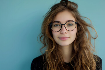 Obraz premium Portrait of a young woman with wavy hair and round eyeglasses, displaying a subtle smile and looking directly at the camera on a light blue background.