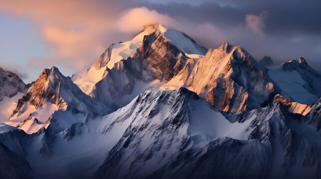 Panoramic view of the snow-capped mountains at sunset