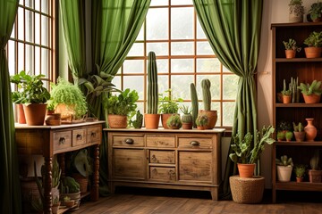 Cactus and Succulent Farmhouse Charm: Curtain D�cor and Classic Wood Furniture