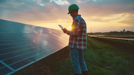 An young engineer is checking with tablet an operation of sun and cleanliness on field of photovoltaic solar panels on a sunset.