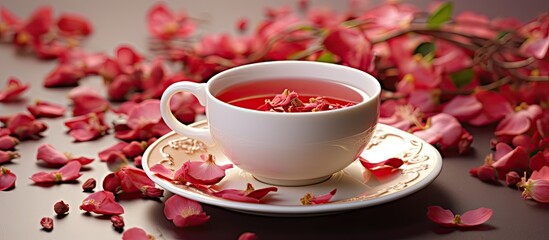 Obraz na płótnie Canvas A white cup filled with red fruit tea sits surrounded by delicate rose petals. The contrast of the vibrant tea against the soft petals creates a visually appealing scene.