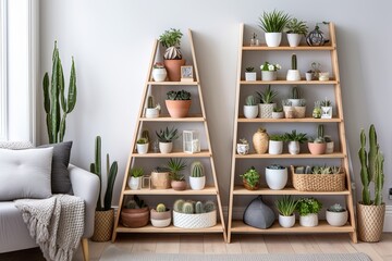Cactus and Succulent Displays: Scandinavian Living Room with Wooden Shelving and White Wall Backdrop