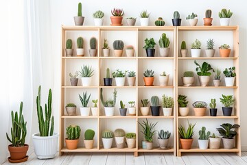 Scandinavian Living Room Cactus and Succulent Displays: Wood Shelves on White Wall