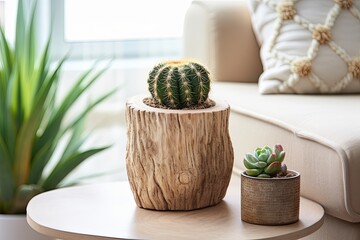 Rustic Minimalist Home Decor: Cactus and Succulent Displays on Wooden Stump Side Table