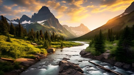 Panoramic view of the mountain river in the Canadian Rockies. - obrazy, fototapety, plakaty