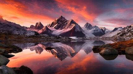 Beautiful panorama of snowy mountains at sunset and reflection in water