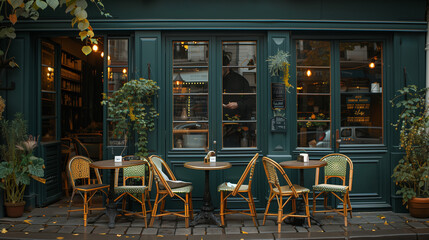 restaurant in the city, Paris coffee shop ambiance, elegant cafe, green is the main color, vintage retro style