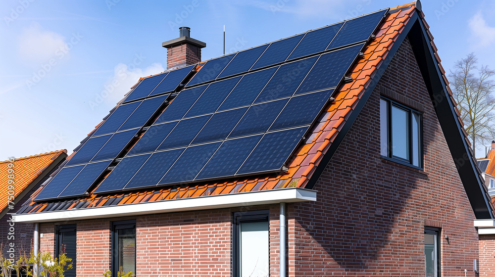 Wall mural close up of street with family homes with solar energy, street of houses with black solar panels on the roof during spring in the Netherlands, zonnepanelen op dak, translation solar panels on roof