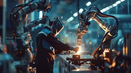 Engineer check and control welding robotics automatic arms machine in intelligent factory automotive industrial with monitoring system software.