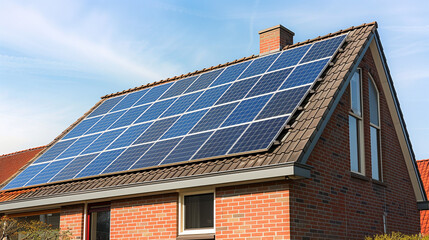 Fototapeta premium street of houses with solar panels on the roof during spring in the Netherlands, zonnepanelen op dak, translation solar panels on roof , family home