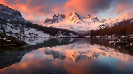 Fototapeta na wymiar Panoramic view of snow capped mountains reflected in a lake at sunset