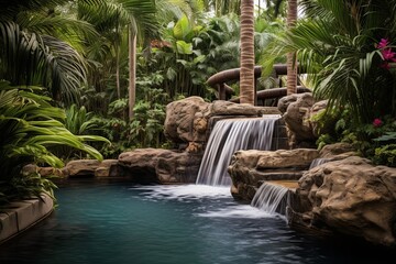 Villa Pool Paradise: Cascading Waterfall Features, Palm Trees, and Lounges