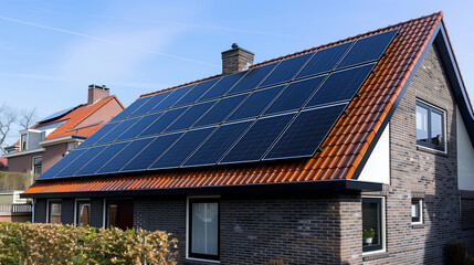 close up of house with black solar panels on the roof during spring in the Netherlands, zonnepanelen op dak, translation solar panels on roof	