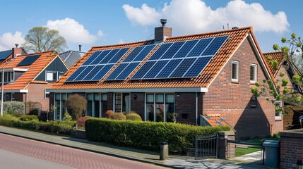 Obraz premium Dutch family homes with solar energy, street of houses with solar panels on the roof during spring in the Netherlands, zonnepanelen op dak, translation solar panels on roof